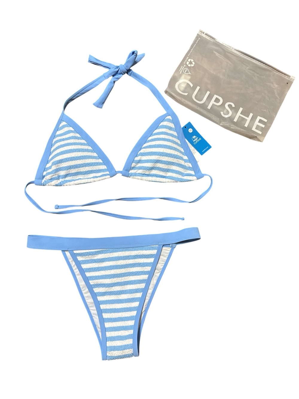 Cupshe Blue & White Striped Triangle Bikini with Matching Pouch